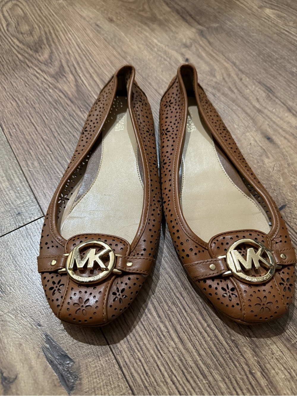 Michael Kors Tan Perforated Leather MK Logo Ballet Flats